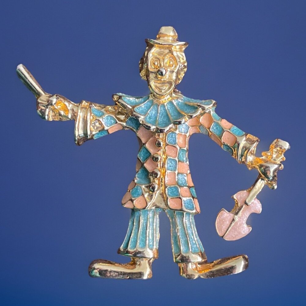 Vintage Two Sisters Pastel Clown Brooch Instruments Holding Violin